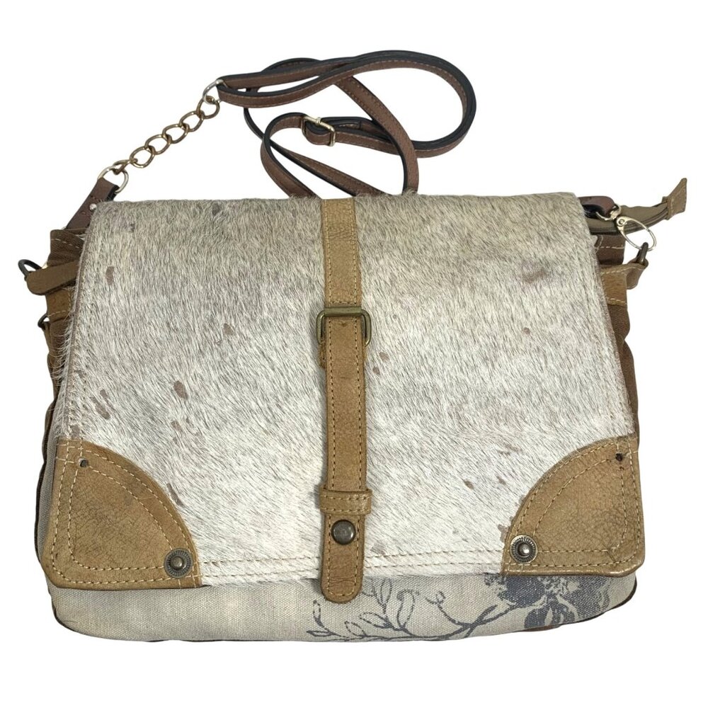 MYRA BAG Hoary Hair-On Cow-Hide Leather Canvas Messenger Crossbody Bag S1293